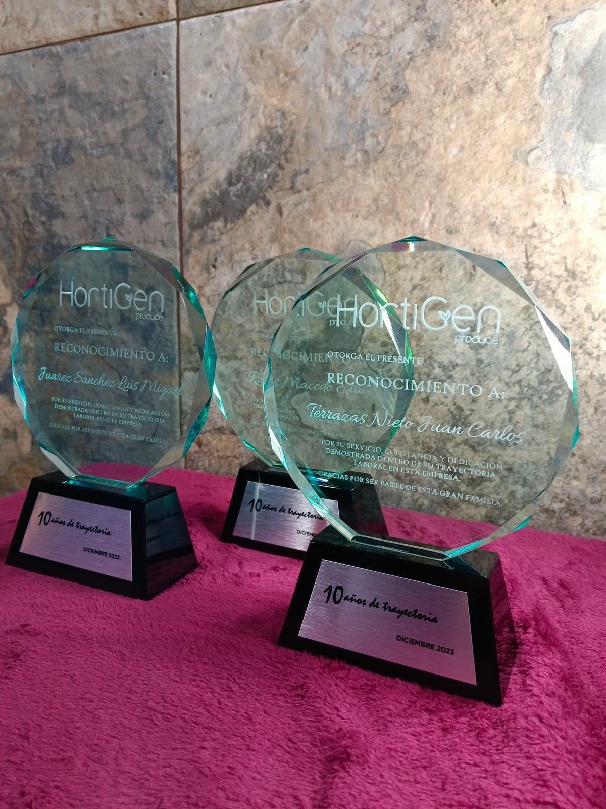 Tres reconocimientos de cristal de HortiGen por 10 años de trayectoria, con grabado esmerilado, base negra y placa metálica grabada